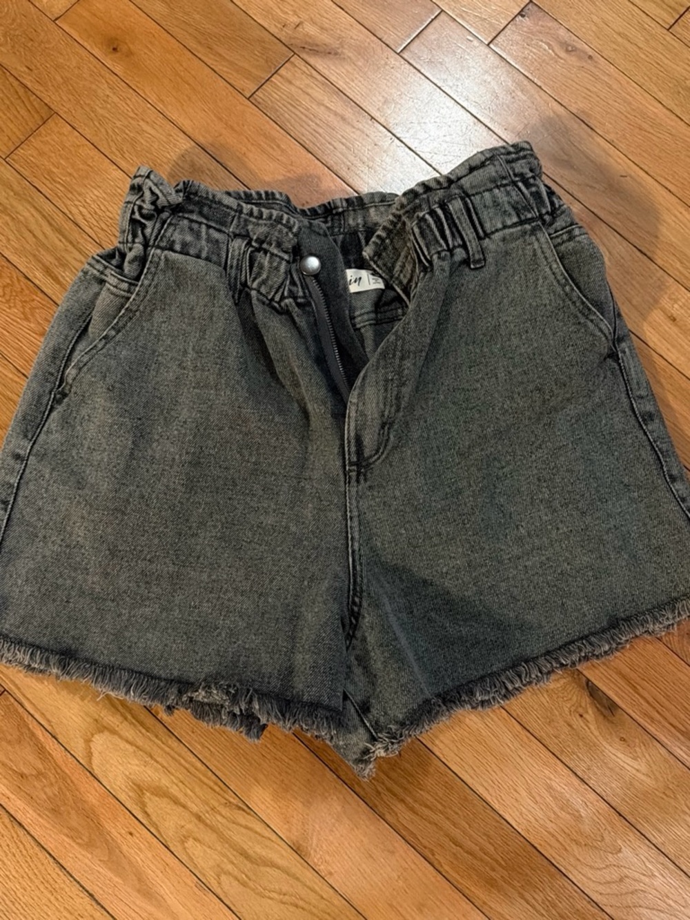 High-Rise Washed Black Paperbag Denim Shorts